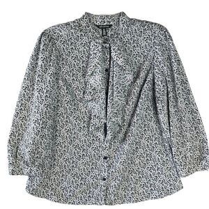 George Size L Retro Lace Ruffle Blouse Long Sleeve Button Up Gray Leaves Print